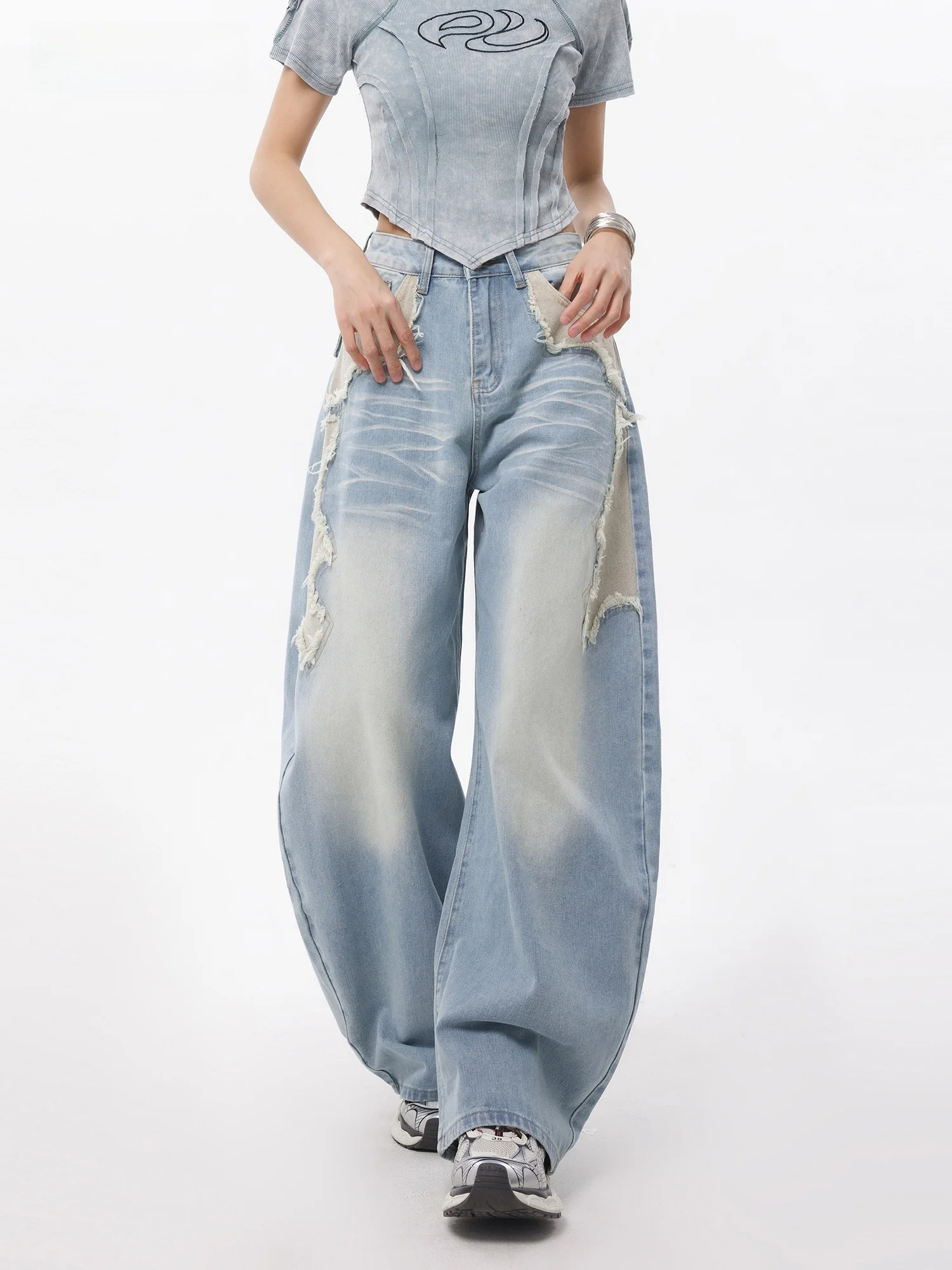 

Джинсы EDX Casual: Свободные, широкие, синие, с эффектом потертости и уникальными вставками, премиум-класса, для женщин