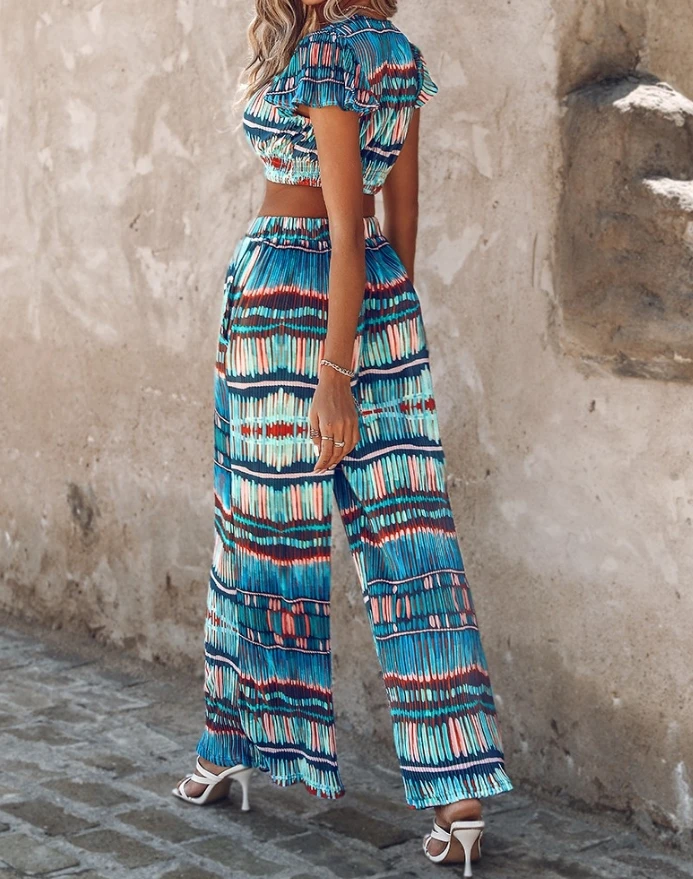 2024 Women's Tropical Striped Ribbed Pleated Top and Drawstring Wide Leg Pants Set
