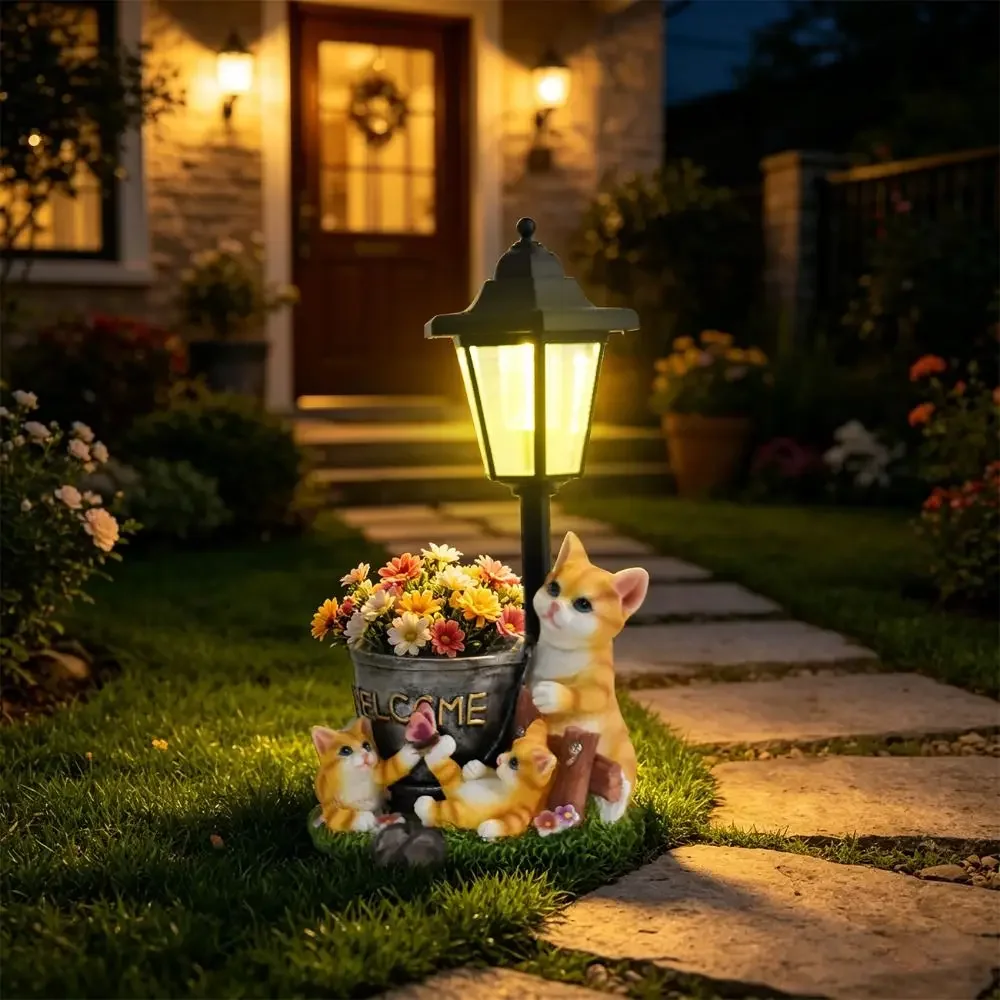 Dual-Use Flowerpot Solar Cat Statue Solid Material Warm LED Light Garden Sculpture Lamp Weather Resistant Hand-Painted Resin