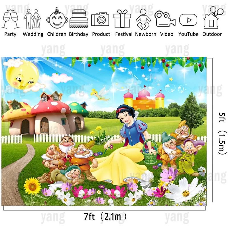 Disney Princess Wedding Castle Pink Snow White 7 Dwarfs Blue Sky Grassland Backdrop Girls Birthday Party Baby Shower Banner