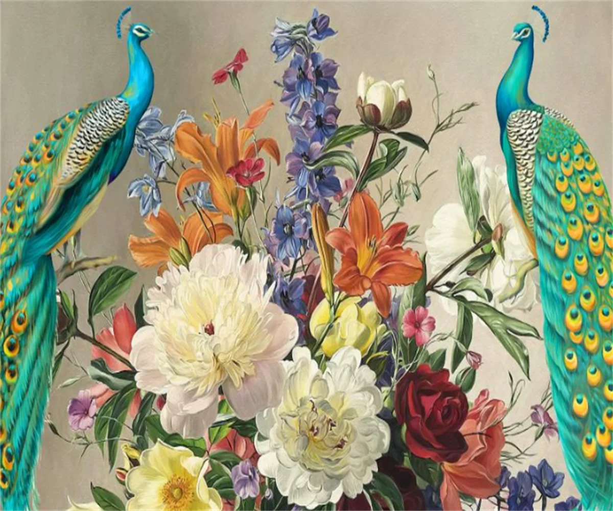 

Индивидуальные обои с европейским павлином, ретро-картина маслом, цветочный узор, фон для дивана, декоративная 3D-фреска, обои для стен, papier peint