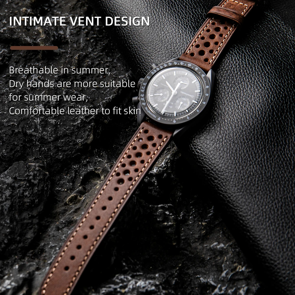 Handmade Head Layer Cowhide Leather Strap Italian Genuine Leather 18 19 20 21 22MM Breathable Hole Design Men Bracelet Vintag