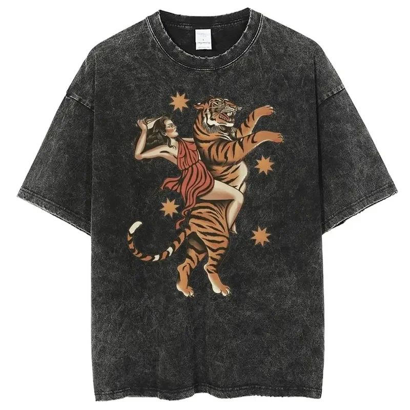 Anime tiger graphic printed T shirt men retro washed 100% cotton tops tees Harajuku tshirt 2023 streetwear hip hop male T-shirts