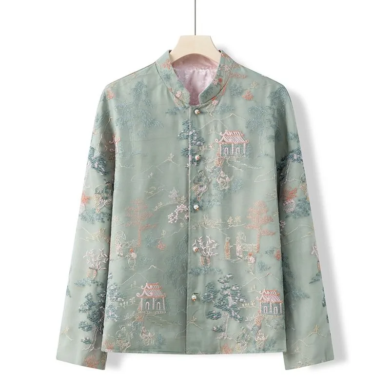 Women's Clothing New Coat Chinese Retro Embroidery Tang Suit Jacquard Button Fastening Double-sided Stand-up Collar Outerwear