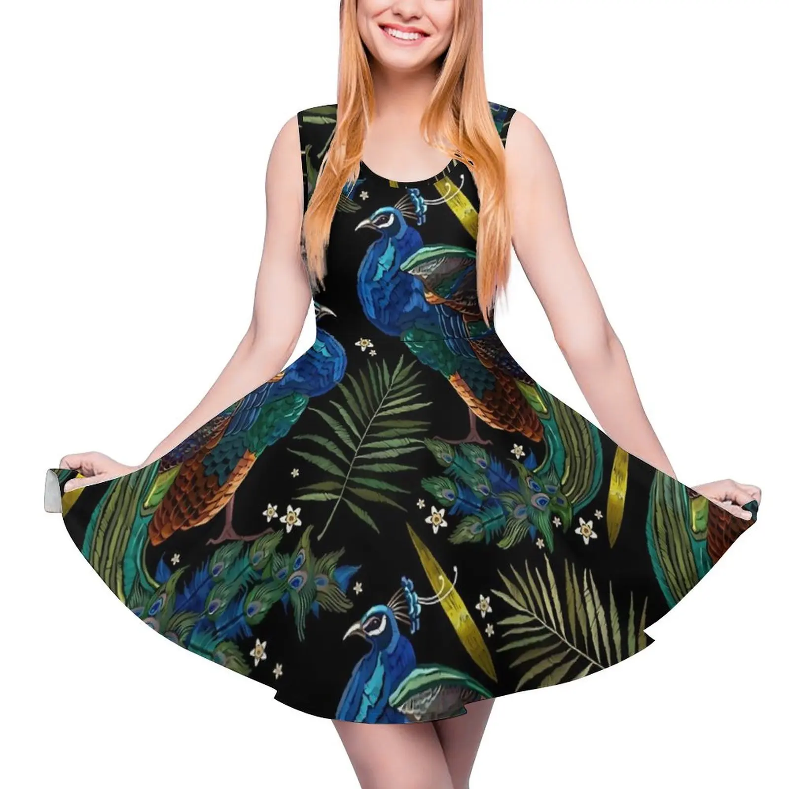 Peacock Feathers Dress Roses Flowers Print Elegant Dresses Sleeveless Aesthetic Printed Skate Dress Summer Oversized Vestido