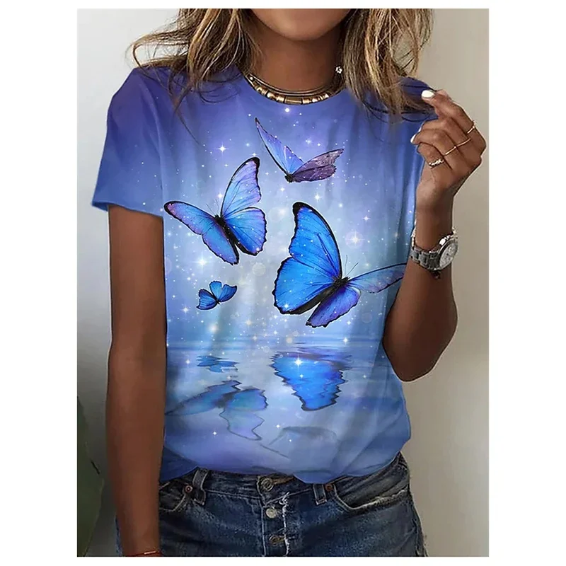 Summer New 3D Floral Flower Printing T Shirt Butterflies Graphic T-shirts Women Fashion Harajuku Short Sleeves Unisex Tops Tees