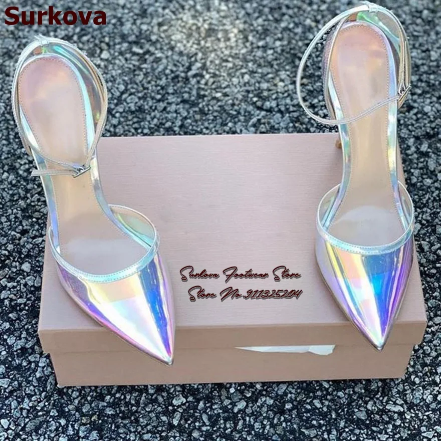 

Surkova Multi-Color Reflective Clear Pvc Pointed Toe Dress Pumps Glossy Hologram Iridescent Mirror Bride Heels Size46