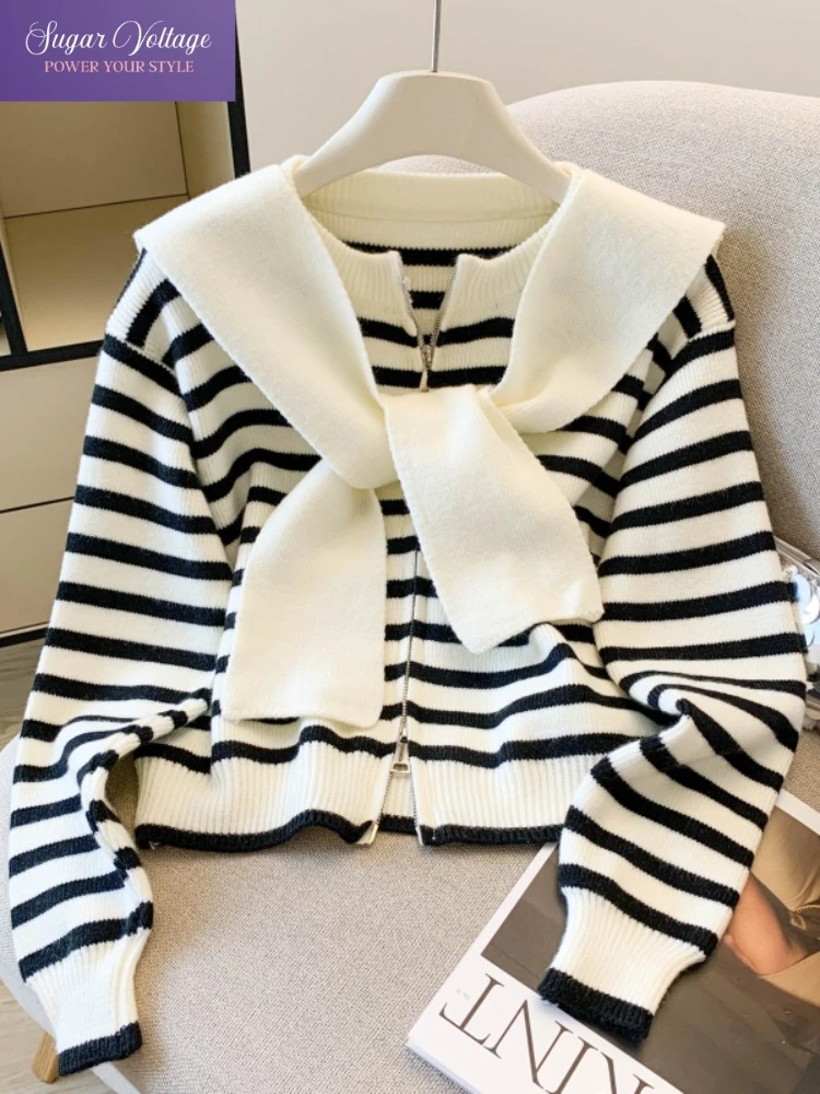 

Осенний корейский модный вязаный мягкий свитер, женский свободный крой, шаль с длинными рукавами, полосатый кардиган на молнии, повседневные элегантные шикарные топы в стиле ретро