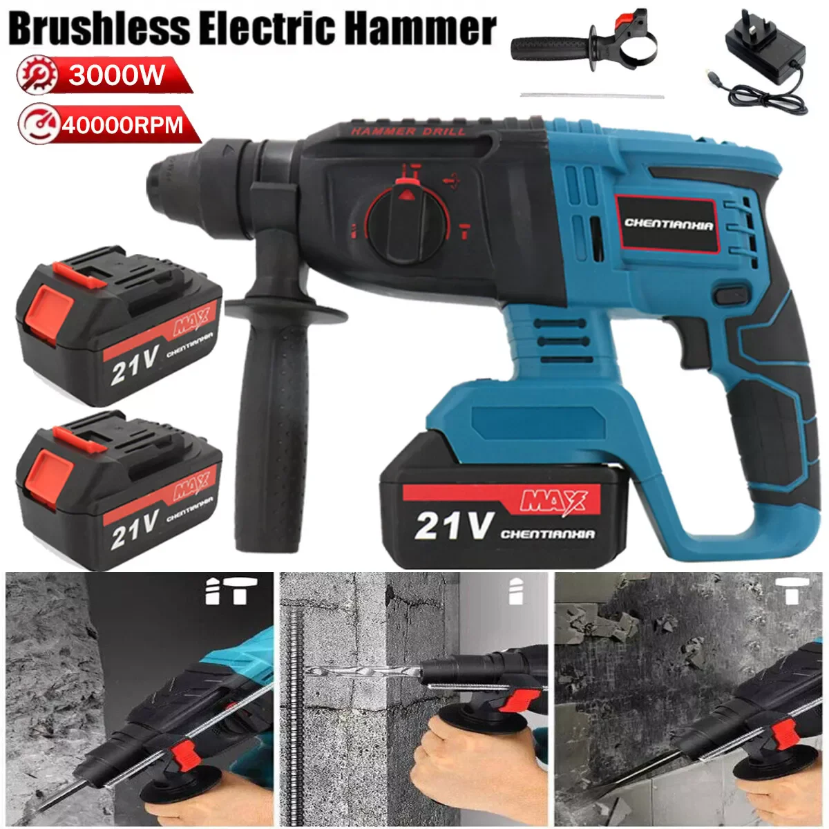 3000W Electric Rotary Cordless Hammer Drill 360° Rotating Handle SDS Chisel Set