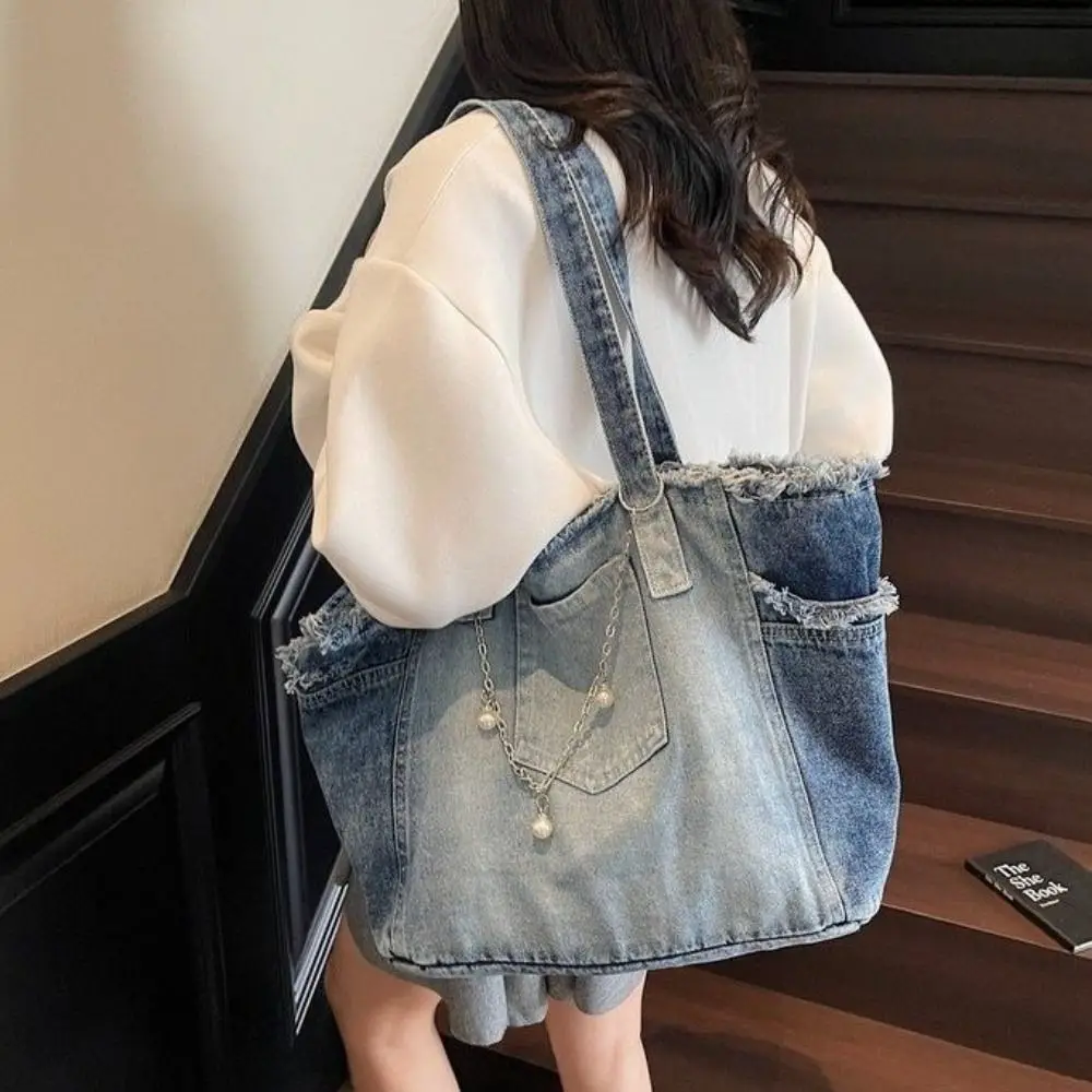 Casual Korean Style Denim Shoulder Bag Retro Solid Color Underarm Packs Simple Large Capacity Canvas Tote Bag Women