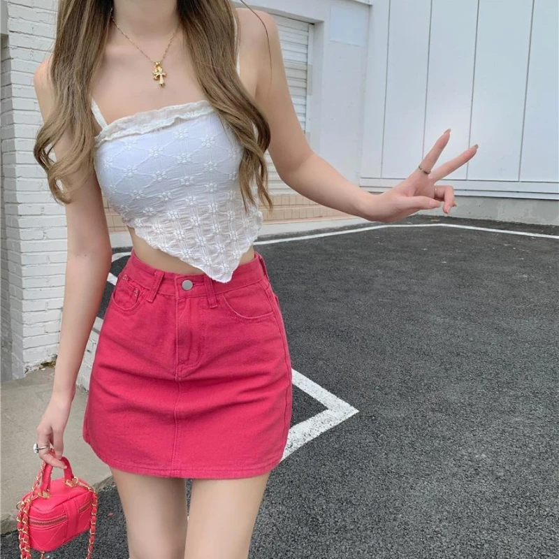 

Новая джинсовая мини-юбка цвета фуксии для женщин: облегающая, с высокой талией, драпировкой, летняя, модная, для создания образа «горячей штучки»