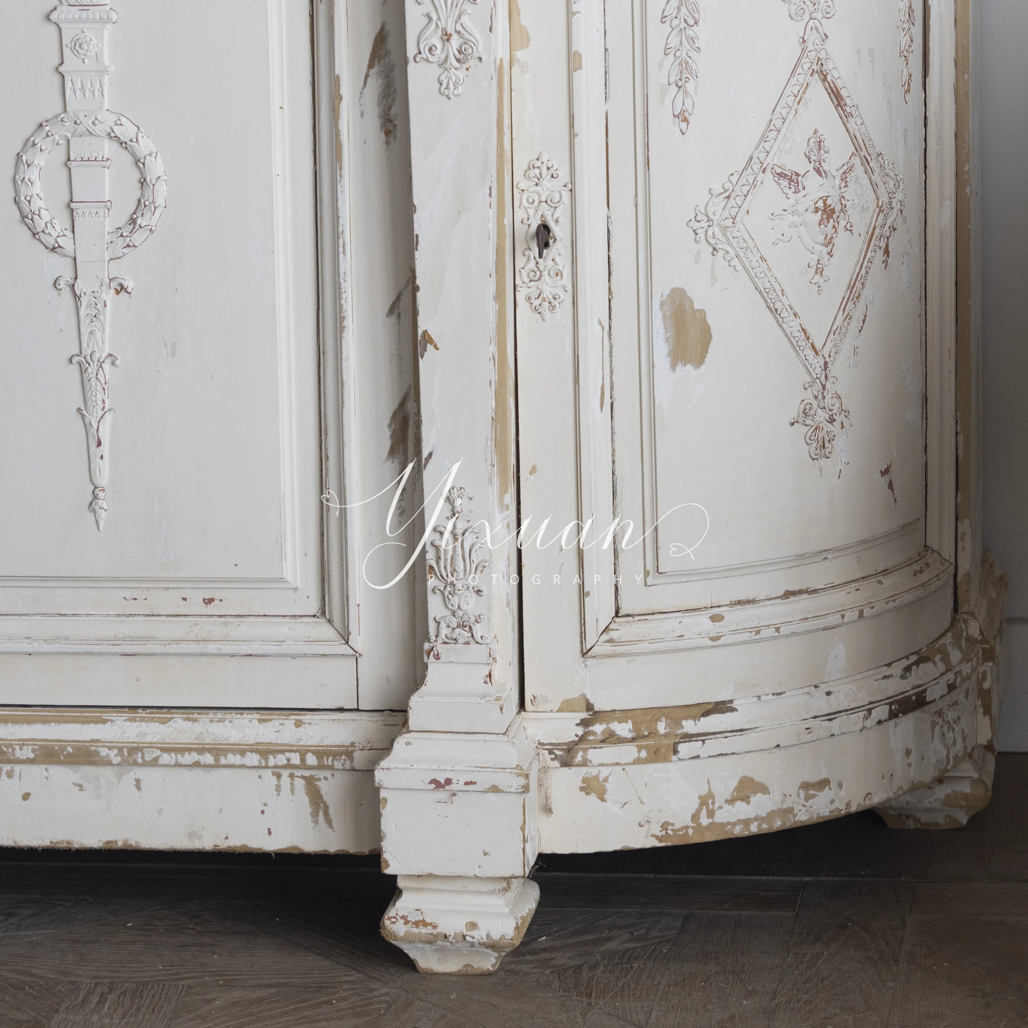 French retro solid wood old carved side cabinet