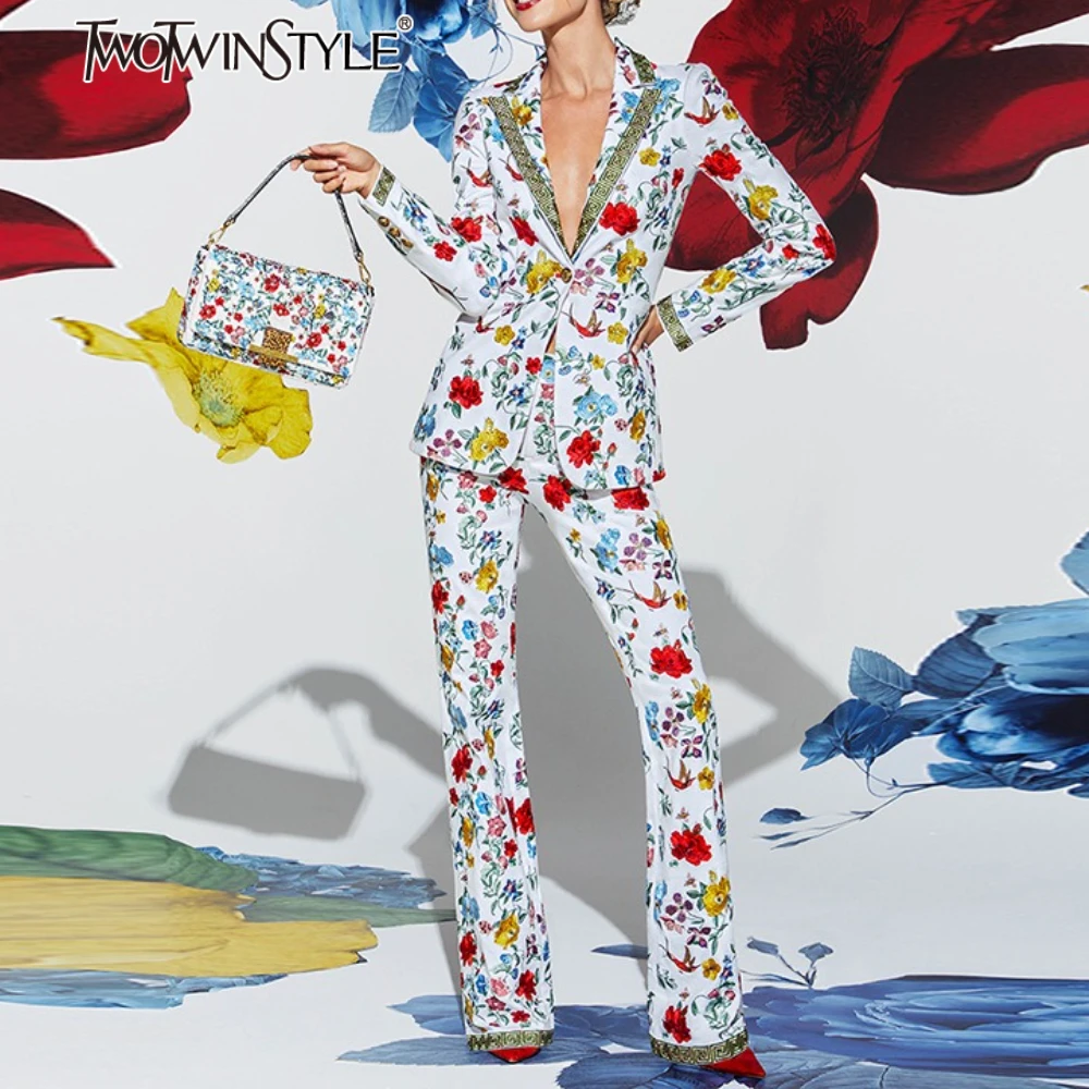 

TWOTWINSTYLE Solid Slimming Patchwork Printing Two Piece Sets for Women Lapel Long Sleeves Blazer High Waist Pant Set Female New