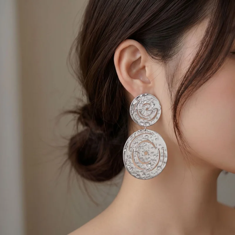 CarlidanaEuropean and American style hammered double disc earrings Abstract swirl geometric earrings
