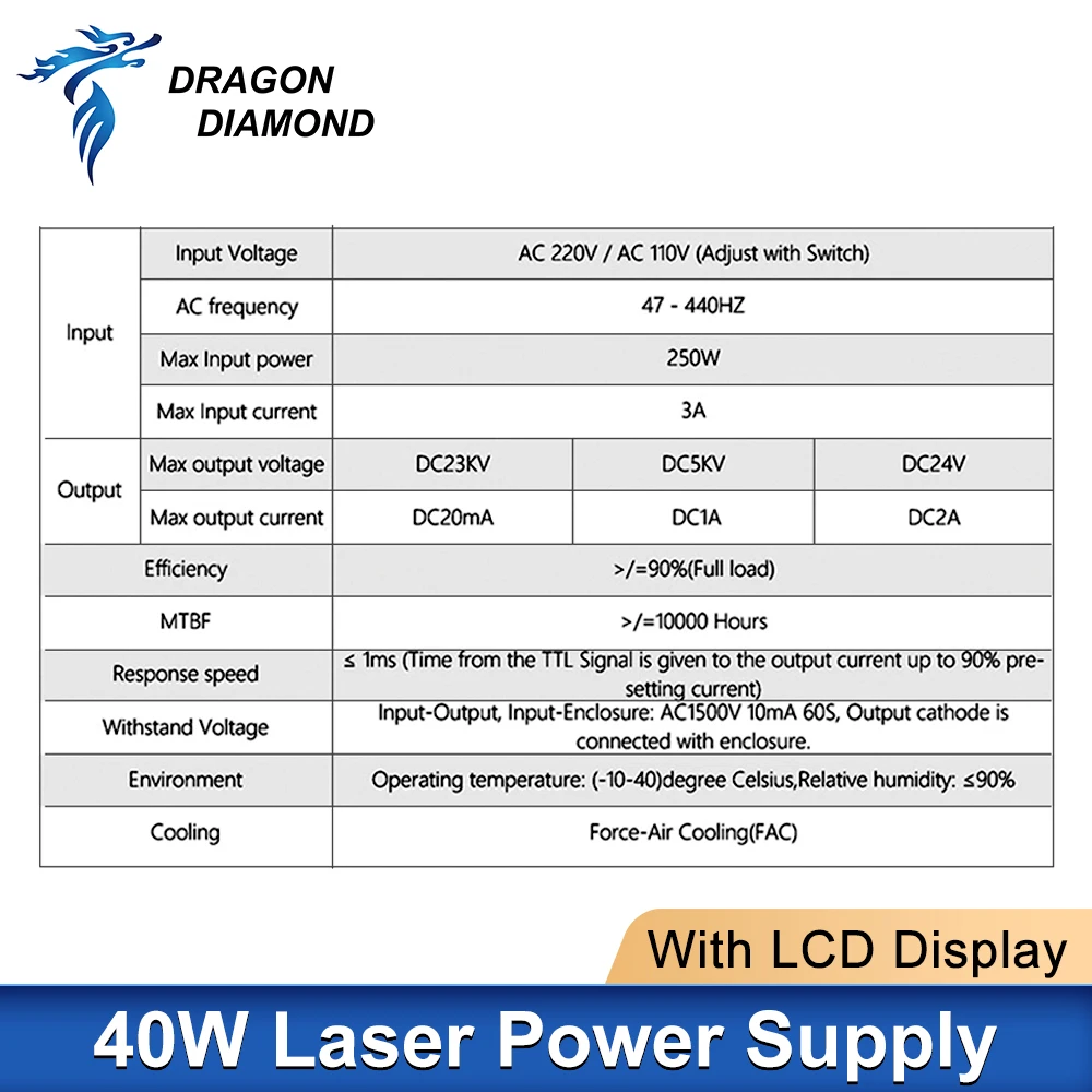 Dragon Diamond Power Supply MYJG40W CO2 Laser Power Source With LCD Display for CO2 Laser Engraving Cutting Machine