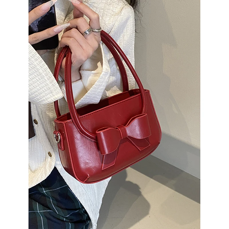 Fashion Bow Design Sense Handbag Casual All-match Red Shoulder Bag Women\'s New High Quality Color Contrast Commute Crossbody Bag