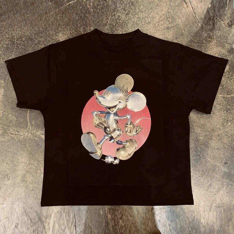

Мужская и женская летняя хлопковая футболка Disney Metal с Микки Маусом, повседневный спортивный тренд, свободный удобный топ с короткими рукавами