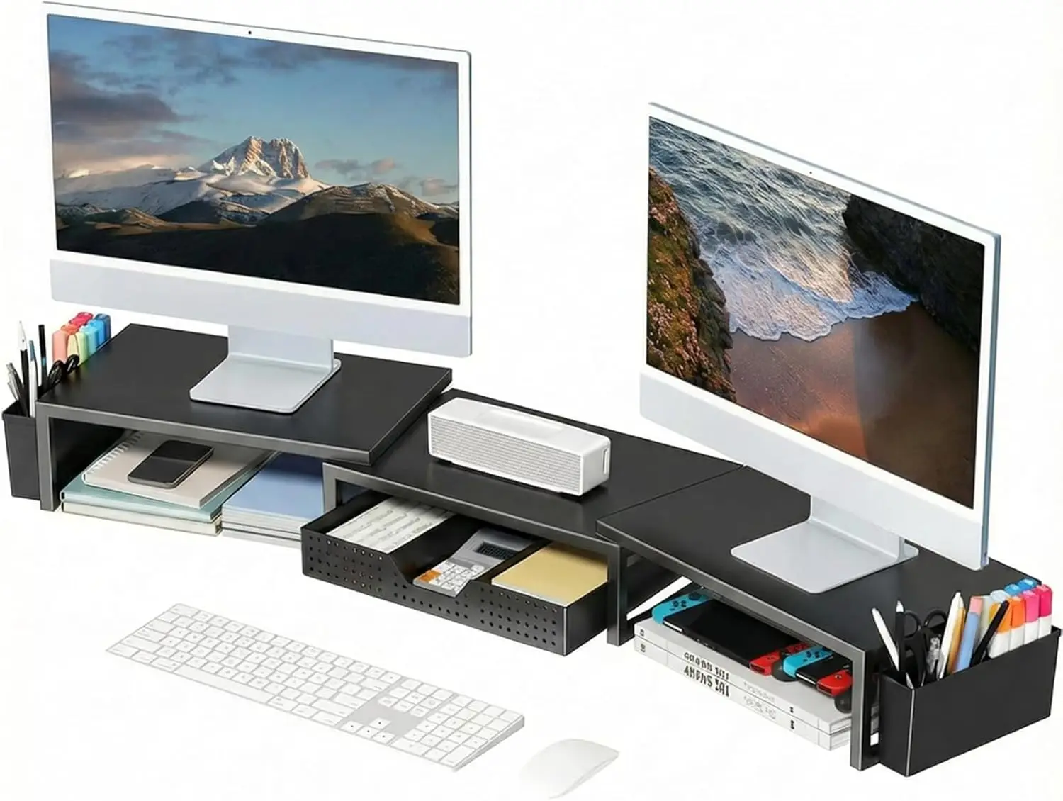 

Органайзеры и аксессуары для рабочего стола, подставка-увеличитель для двух мониторов с выдвижным ящиком и 2 держателями для ручек, металлическая полка-подставка для компьютера