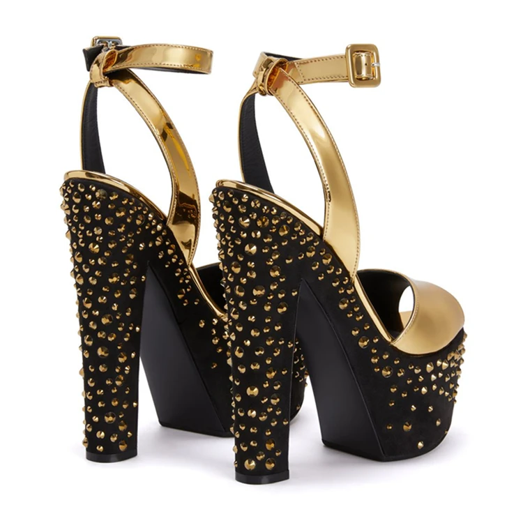 Złoty kryształ Stud platforma blok sandały na obcasie kobiety Strappy złoty Peep Toe Sandalias Rhinestone Chunky Heel parkiet buty