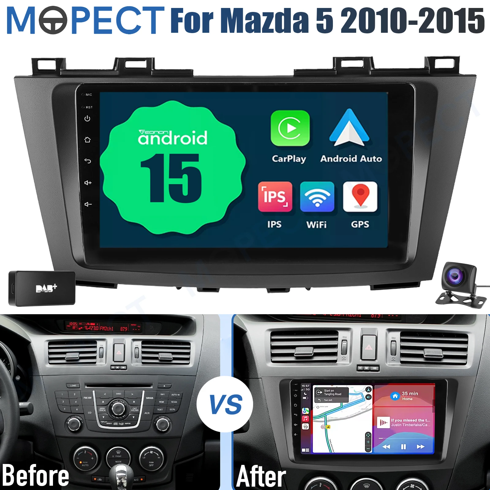 Autoradio MOPECT 4+64 Go pour Mazda 5 2010-2015 Android 15 CarPlay GPS Navi Écran Tactile BT FM Audio+DAB&Caméra