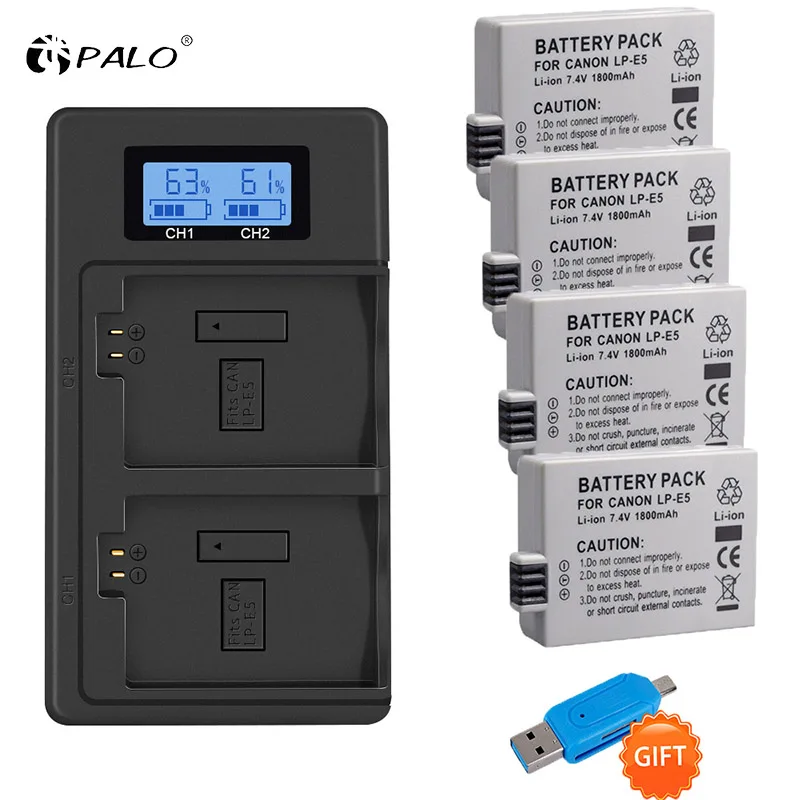 PALO LP-E5 LPE5 LP E5 Camera Battery+LCD Dual USB Charger for Canon EOS 450D 500D 1000D KISS X2 X3 F Rebel XS XSi T1i 1800mAh
