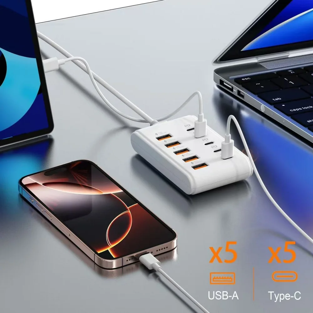 10 في 1 USB قطاع الطاقة متعدد المنافذ سطح المكتب شحن محطة شاحن العالمي USB C محول مأخذ التوصيل الكهربائي نوع C HUB شاحن #6