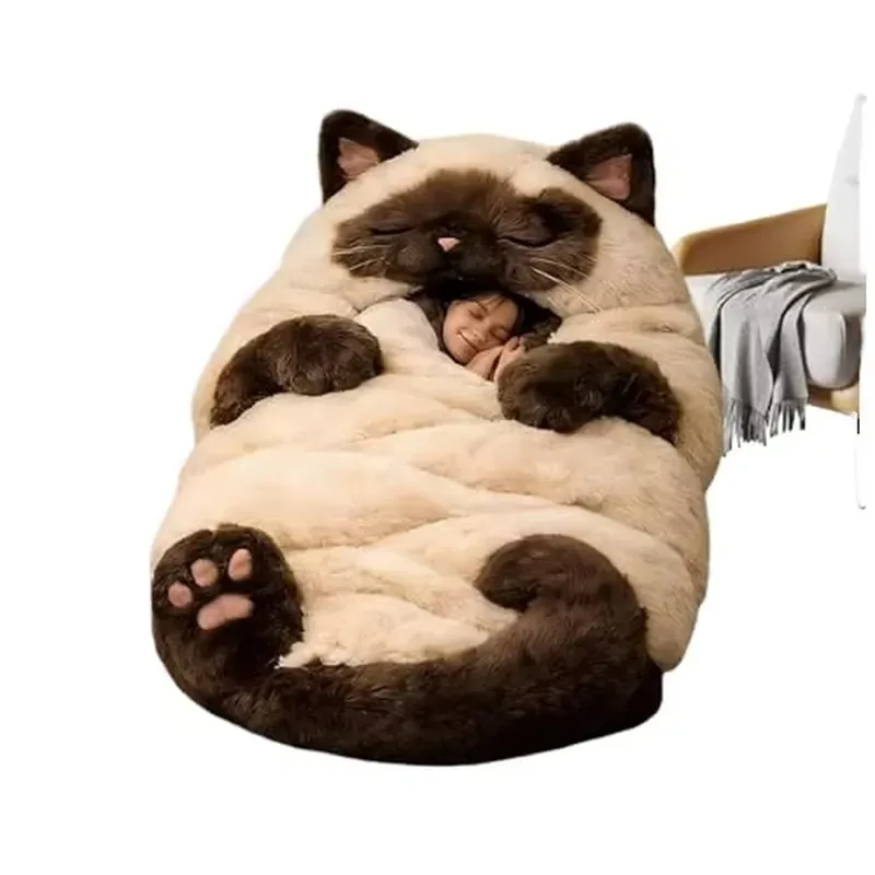 Plush Cat Print Envelope Sleeping Bag Velvet Fabric Indoor Winter Adult Size