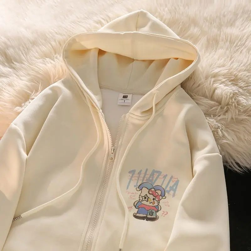 Sanrio Hello Kitty Kawaii Anime Outer Garment Creative Cute Cartoon New Printed Cardigan Hooded Hoodie Women Jacket Girl Gift