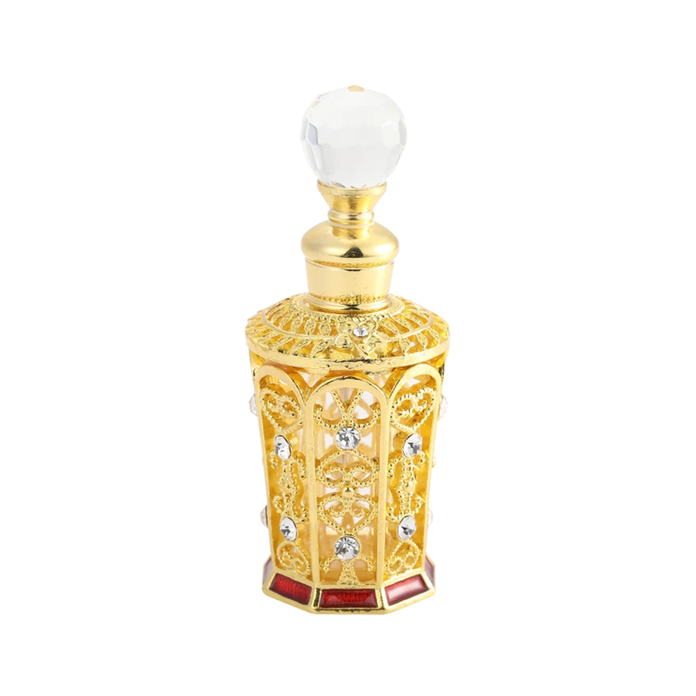 1pc 12ML Gold-plated Perfume Bottle Vintage Big Mouth Sub-Bottling Hollow Engraved Diamonds Crystal Cap Essential Oil Container