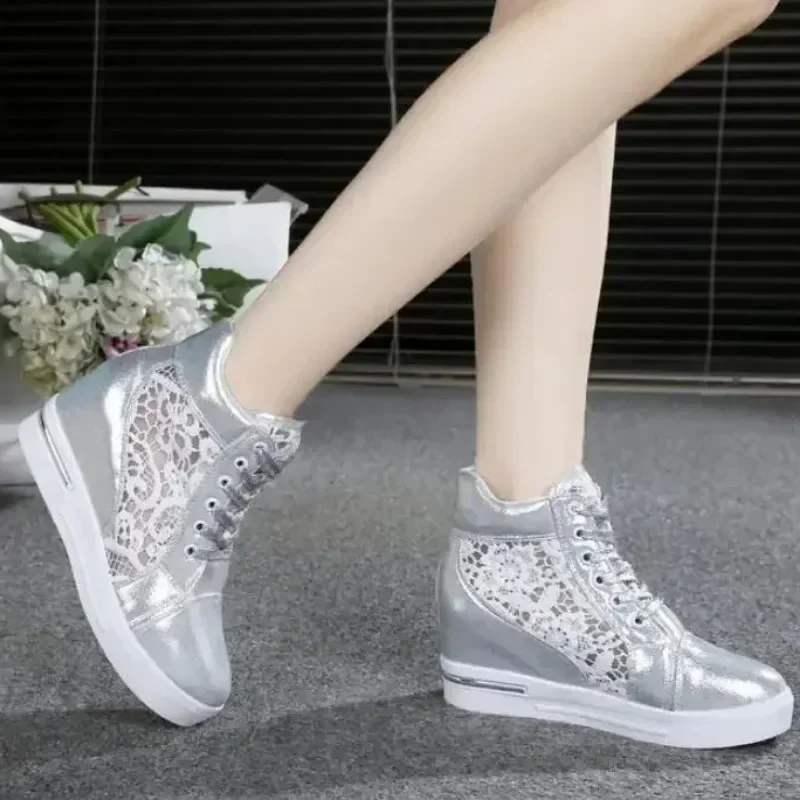 Women\'s Leather High-heeled Shoes Wedge Platform Sports Shoes Rubber Cloth Shoes Height Silver