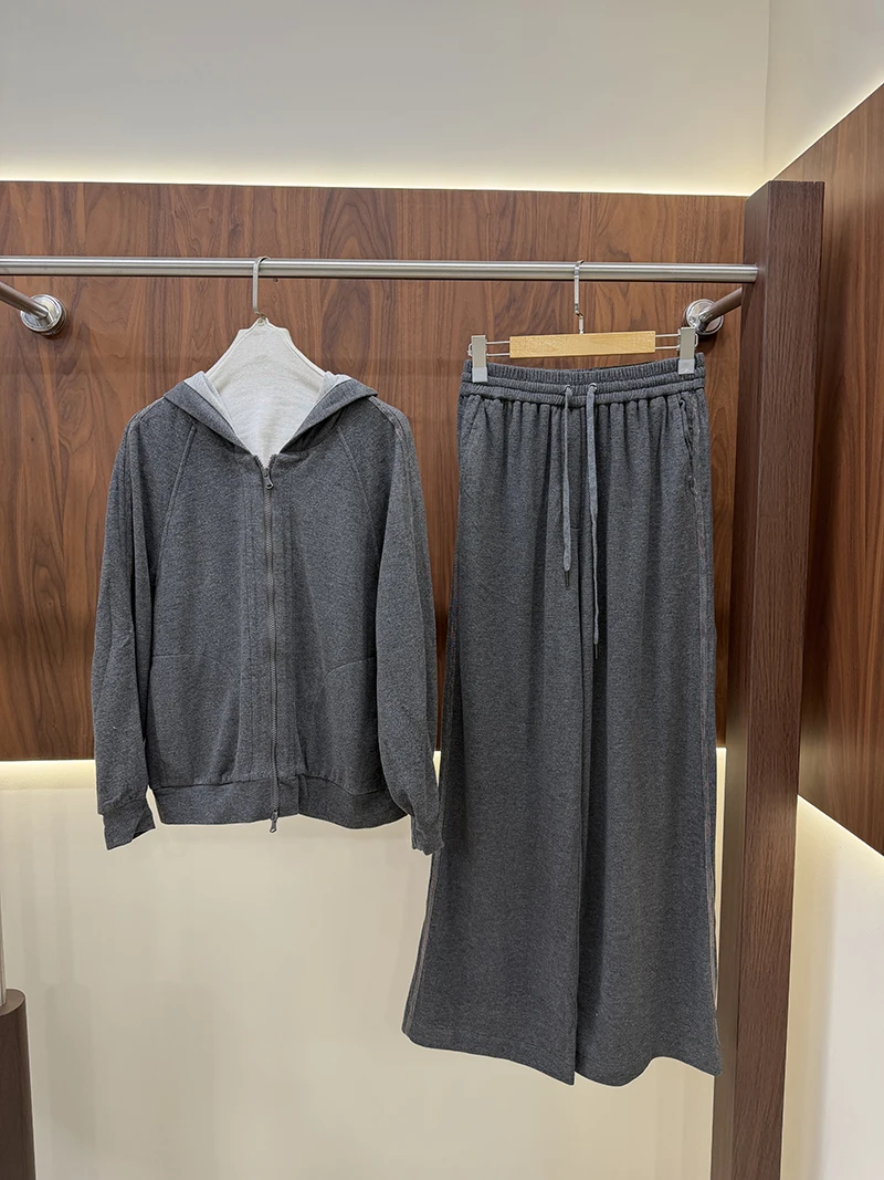 Casual 2‑Piece Tracksuit for Women Zip‑Up Hoodie Jacket and Wide Leg Sweatpants Set