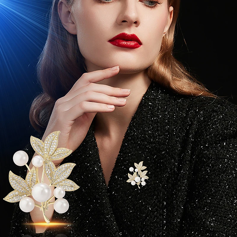 [HS][HS]1PC Fashion Pearl Leaf Brooch For Women Plant Brooches Clothing Coat Jewelry Party Accessries Gifts