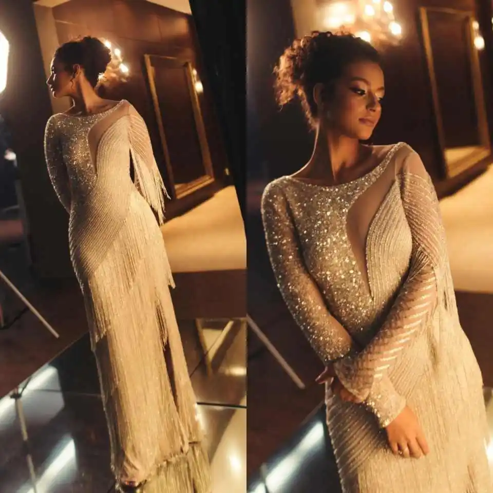 Elegant Mermaid Evening Dress Long Sleeve Sequin Tassel Fringe Formal Bridal Gown For Gala Party Wedding Banquet Customized