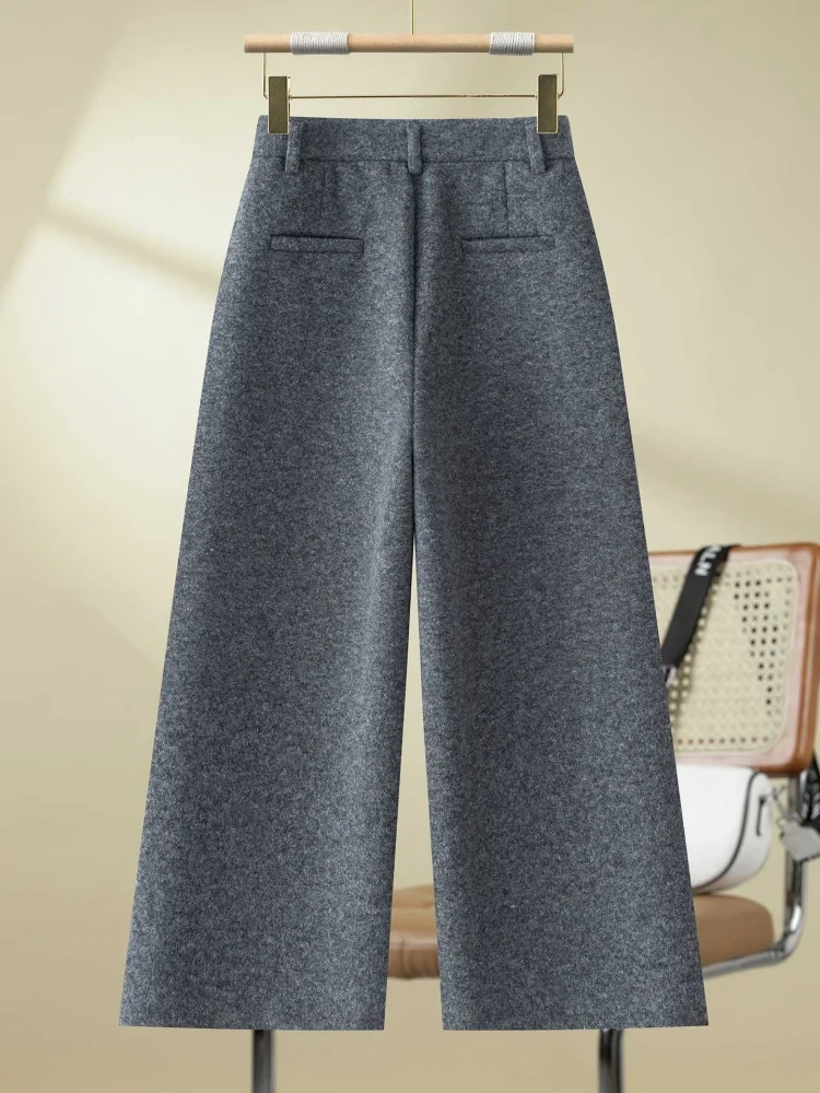 Profundo ey premium lã calças de perna larga feminina outono inverno thi calças de corte reto cintura alta ket detalhe commute sle