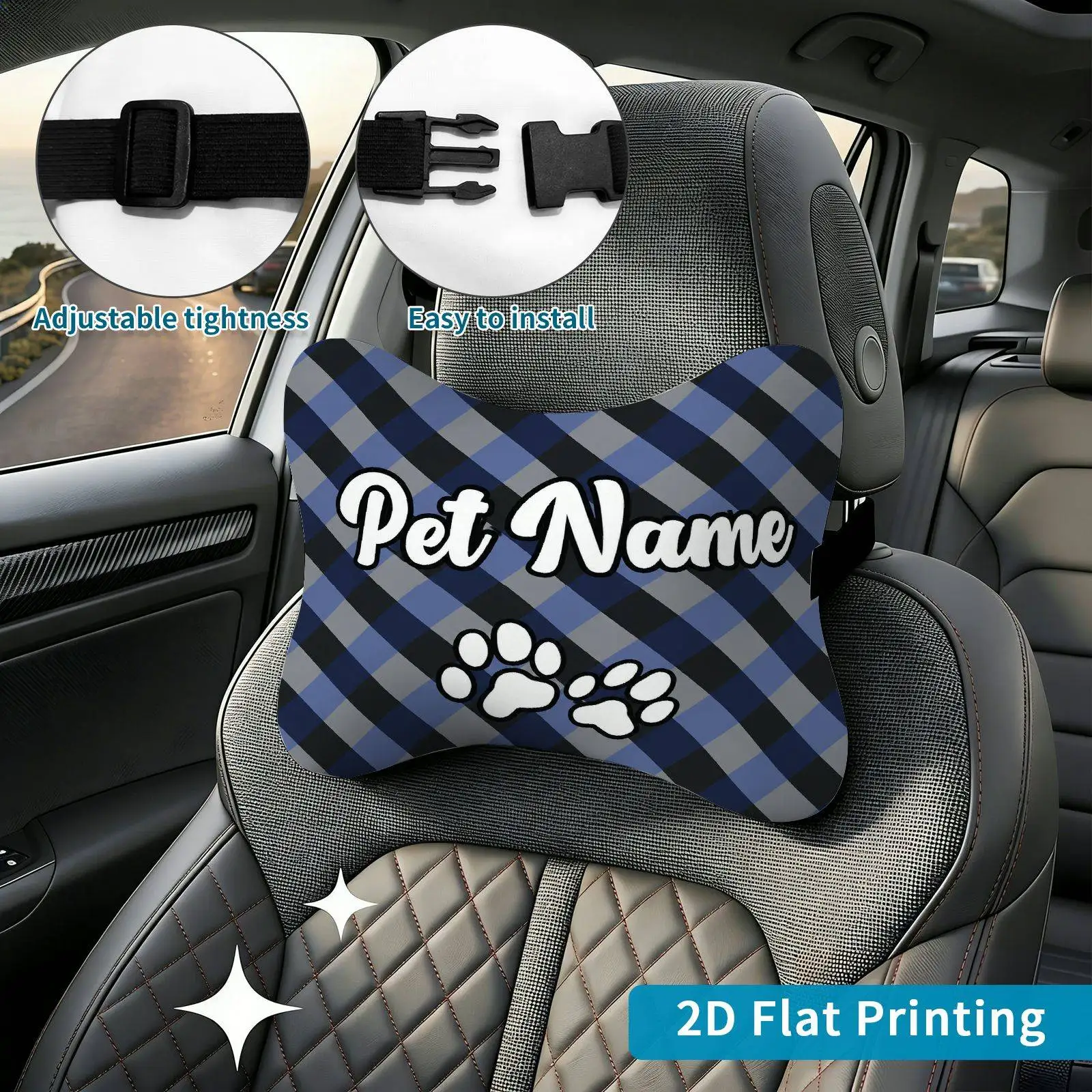 2pcs Pet Name Paw Prints Plaid Car Seat Headrest, Neck Support Cushion, Suitable For All Seasons Of Car Additions, Petname Theme