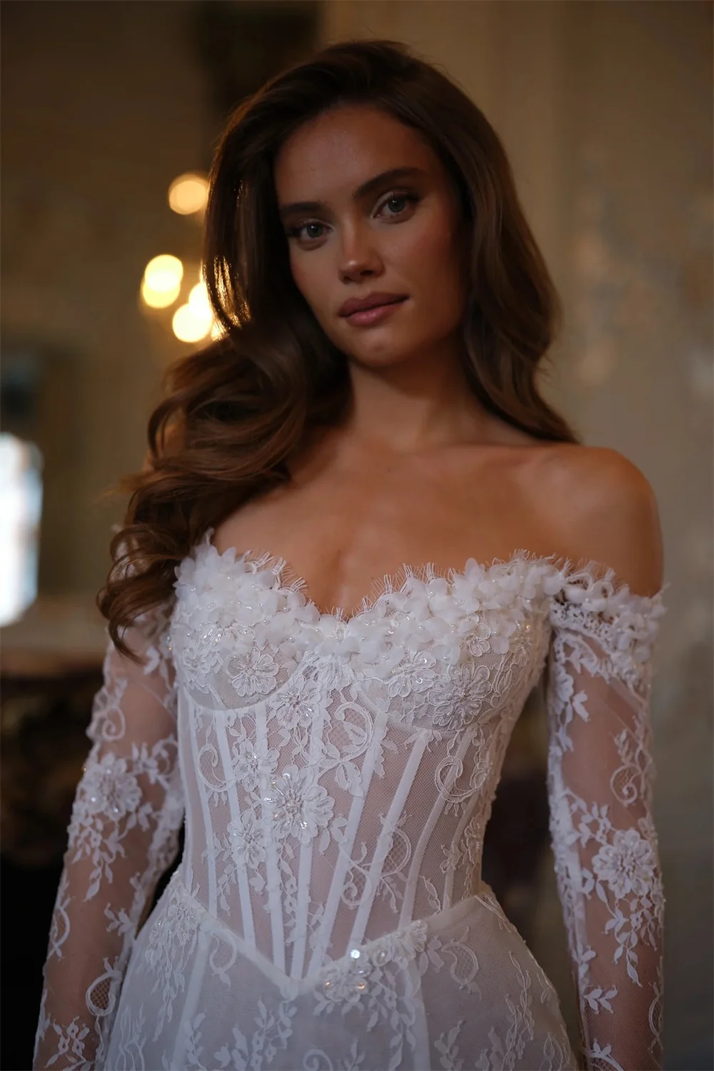 Tokyo Customized White Off the Shoulder Wedding Dresses Lace Long Sleeve Back Lace-Up Bridal Gowns Flower Mini Wedding Gowns