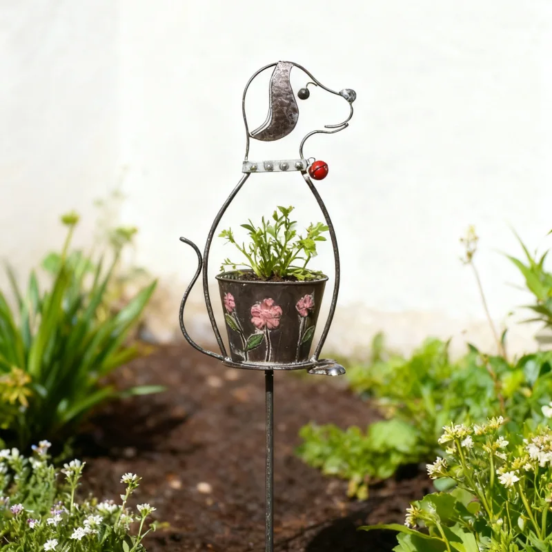 Cross-border Outdoor Courtyard Creative Garden Villa Flower Placement Iron Puppy with Pot Ornaments Gardening Groceries