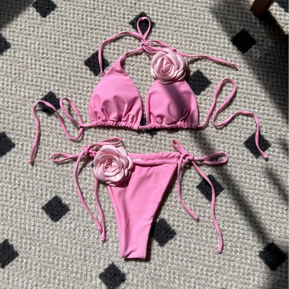 Lovely with Rose Bikini Set Backless Sexy Two Pieces Swimsuit Solid Color Bathing Suit