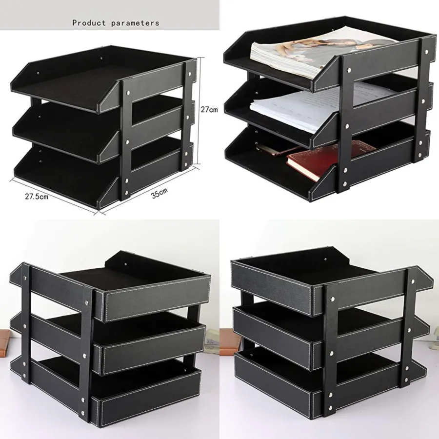 

Leather Desk File Organizer, 3-Layer Stackable Tray, Used to Store documents, folders, Stationery, Magazines, Newspapers, Lette