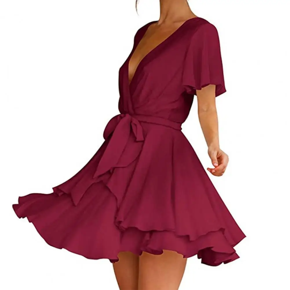 Loose V-neck Lace-up Mini Dress Flowy Ruffle Hem Solid Color Short Sleeve Women Dress Party