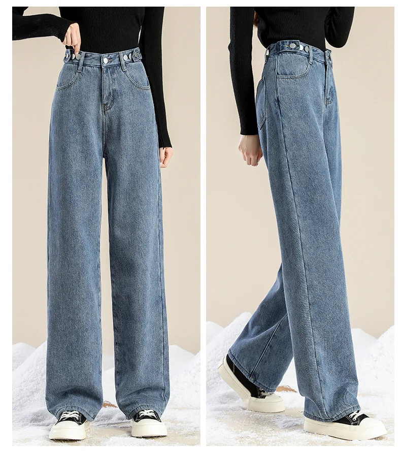 

Женские джинсы на флисовой подкладке, зимние прямые брюки, корейские свободные широкие брюки больших размеров