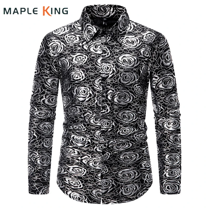 

Luxury Designer Mens Shirts Steampunk Gold Bronzing Rose Print Party Dress Halloween Festival Hombre Men Streetwear Blusas Tops