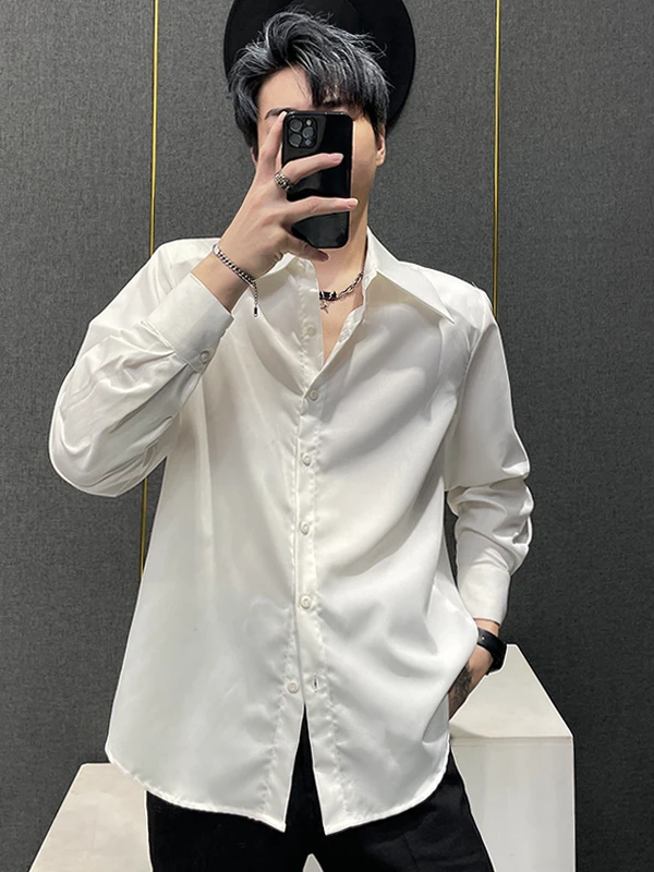 

Elegant Loose Fit Long Sleeve Shirt with Shoulder Pads Drapey Collared Men's Summer Fashion Casual White Shirt for Youth