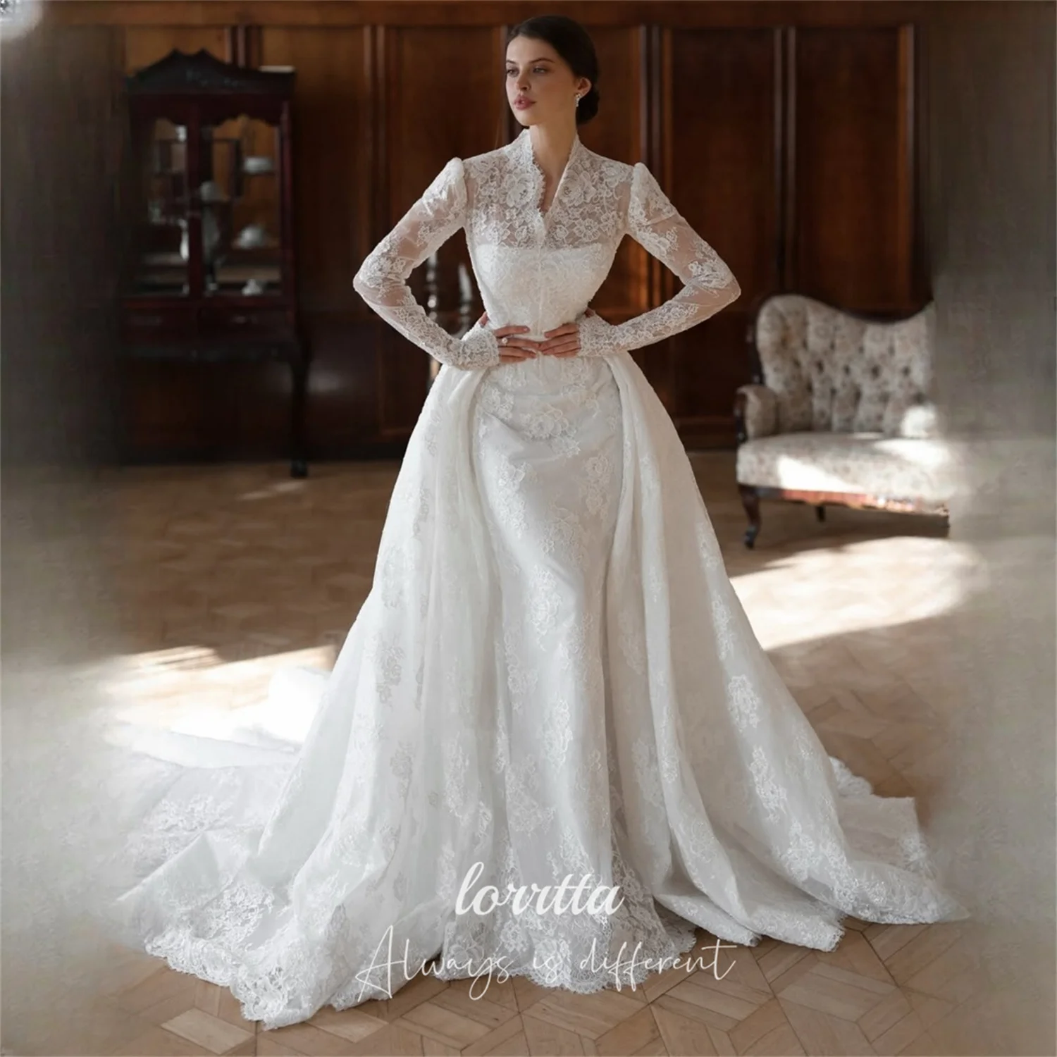 

Lorrtta Lace High White Mermaid wedding dress 2026 Prom Dress Long Sleeve Elegant High Slit Formal Gowns Women Customized