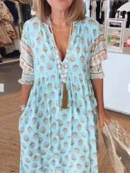 Fashion Boho Print Maxi Dress For Women Spring Summer V Neck Lantern Sleeve Long Dress Elegant Holiday Beach Dresses Robe Femme