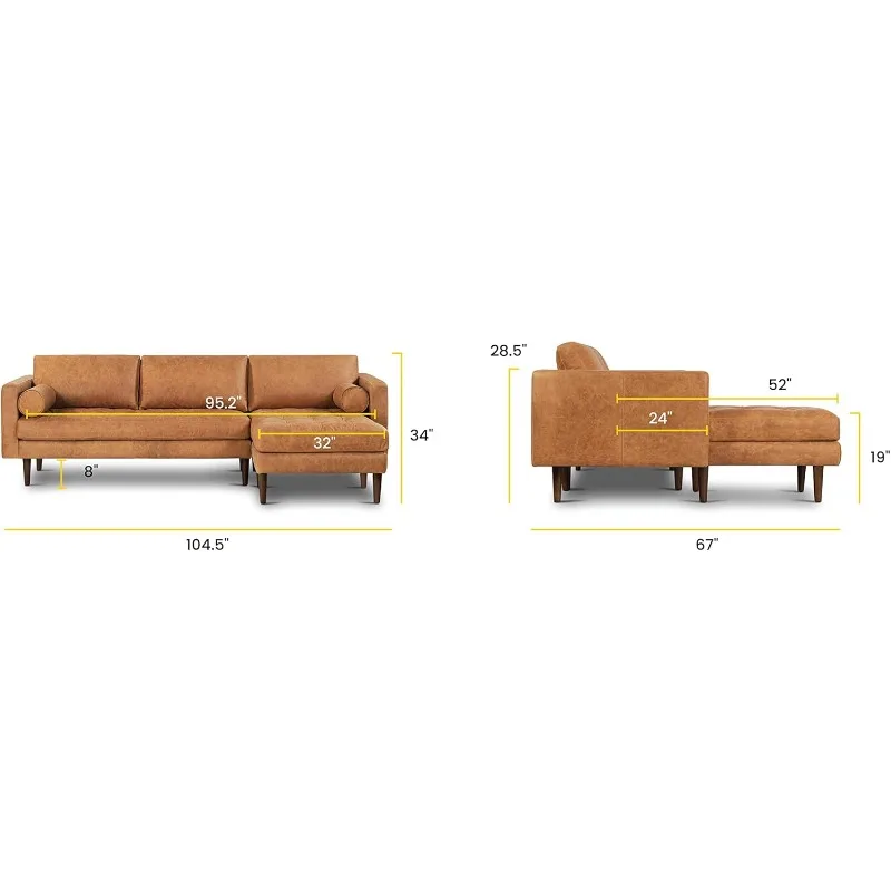 Leather Couch – Right-Facing Sectional Sofa - Tufted Back Full Grain with Feather-Down Topper On Seating Surfaces Pure