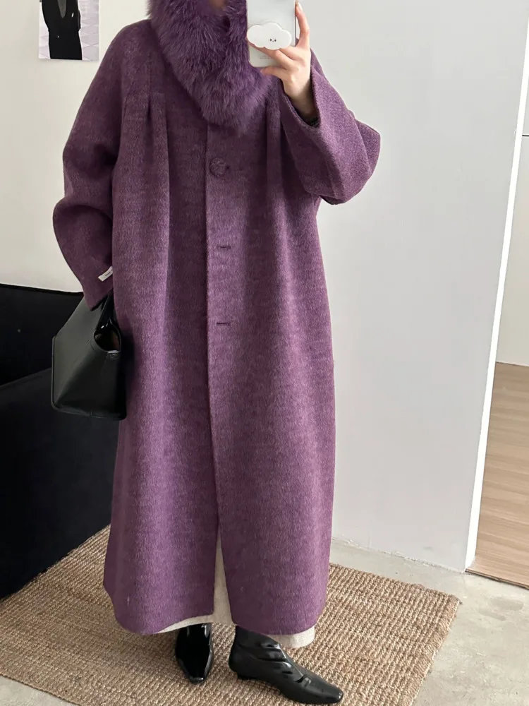 ZMEENNA Damen Wollmantel Luxus Kunstpelzkragen Einreiher Langer Mantel Eleganter Winter Warme Oberbekleidung ZM4536