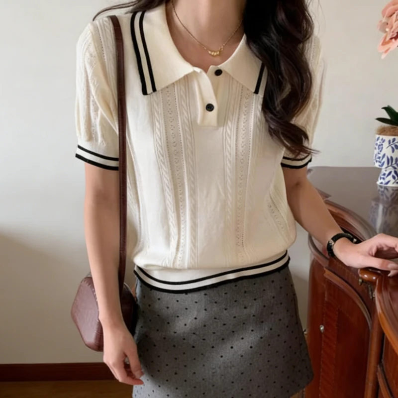 Short Sleeve Knit Polo Sweater Pointelle Cable Knit Crop Tops Shirts Teen-girl Summer 2026 Golf Chic Retro Preppy Tennis Core
