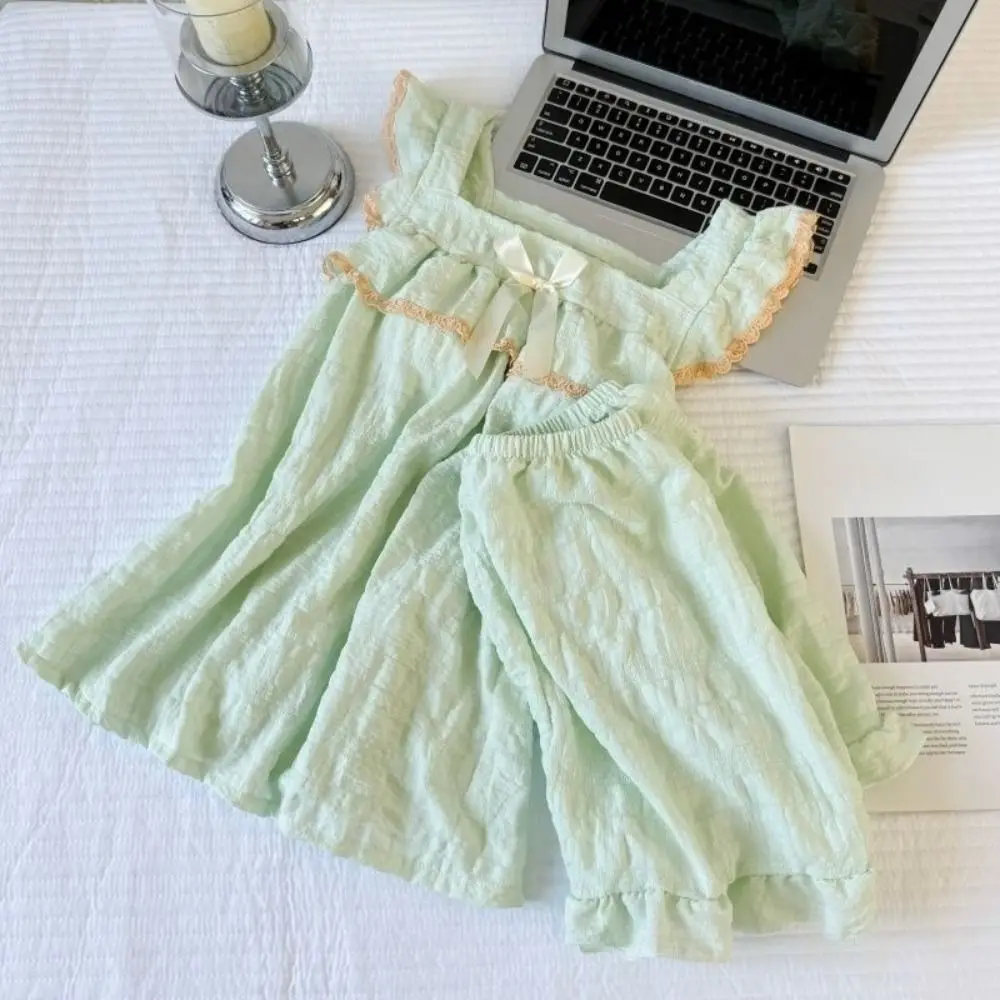 Casual Bowknot Sweet Pajamas Set Ruffle Summer Camisole Shorts Nightdress Homewear with Bra Pad Sleeveless Nightwear Sleep