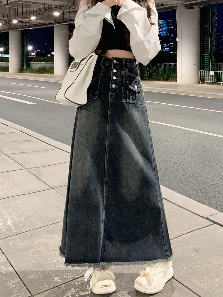 Stylish High Waist A-Line Midi Denim Skirt for Women Spring Autumn New Korean Version Fashionable Half-length Skirt Trendy